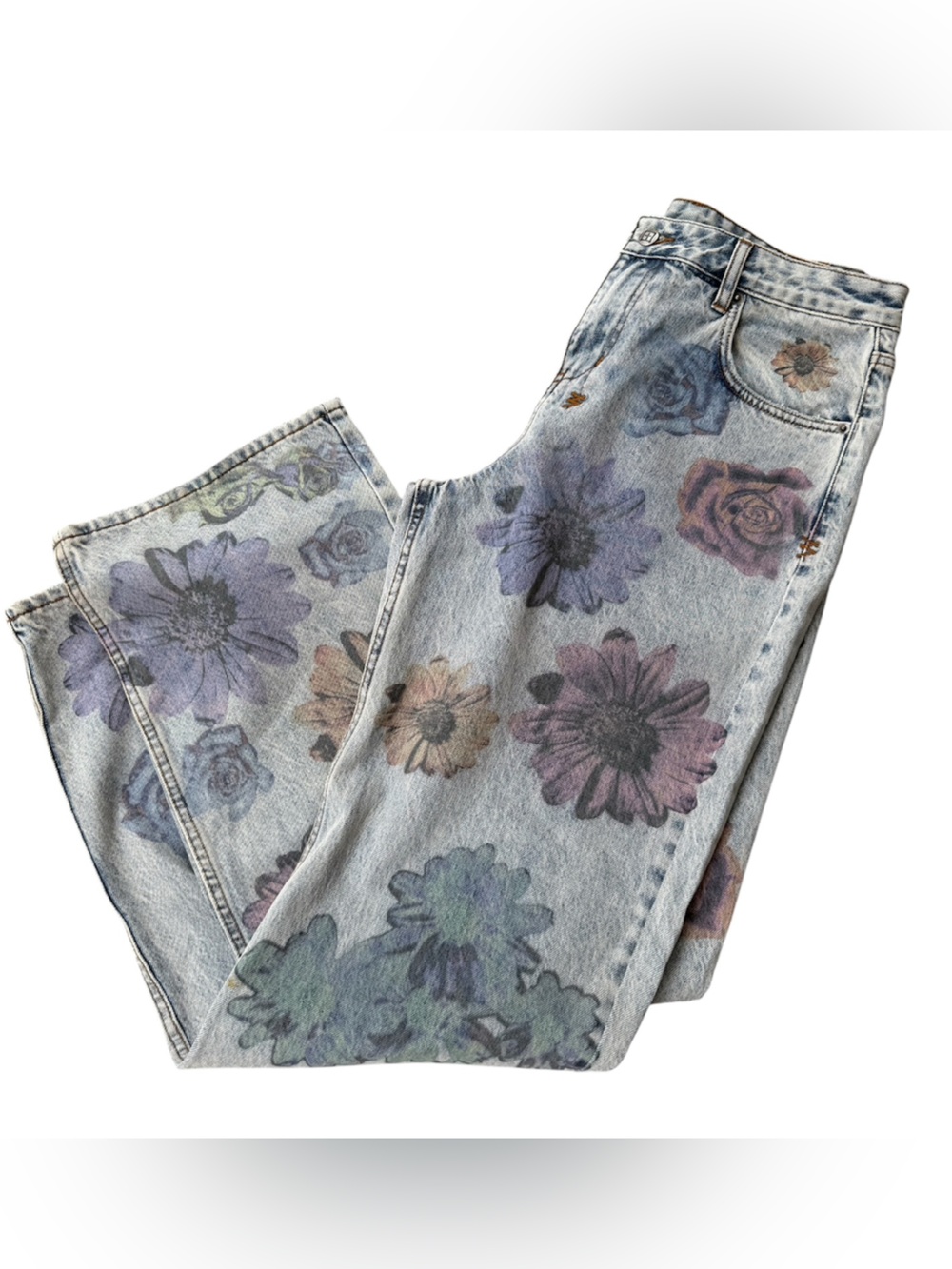 Ksubi Cyber flower Print Jeans Women Sz 30 Straight 5 Pockets Blue Logo Cotton